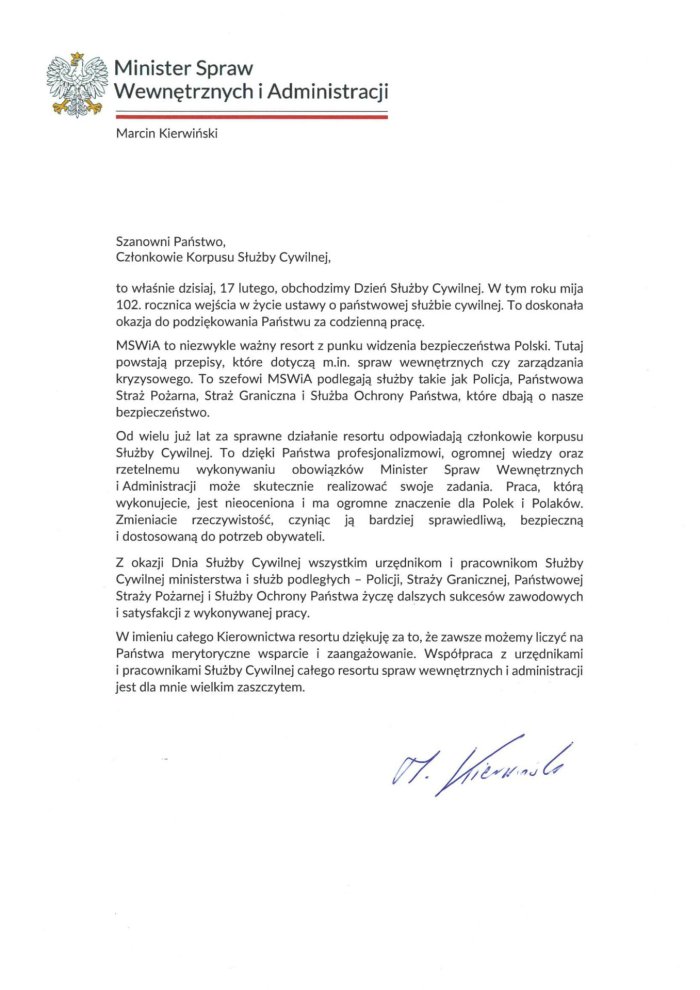 List pana ministra Marcina Kierwińskiego do Członków Korpusu Służby Cywi...